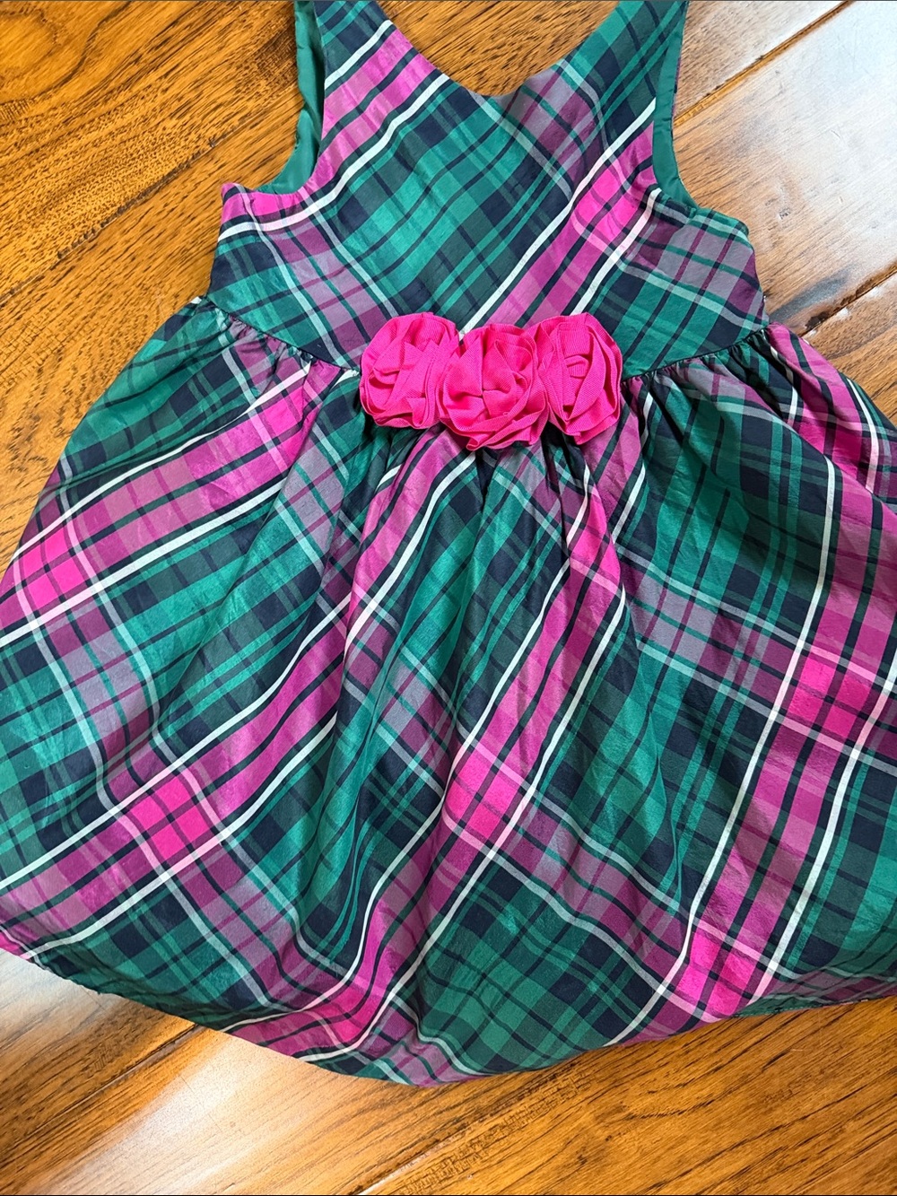 Janie and Jack Green and Pink Plaid Dress with Pink Rosettes